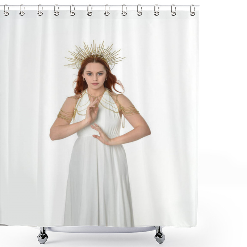 Personality  Portrait Of Beautiful Red Head Woman Wearing Long Flowing Fantasy Toga Gown With Angelic  Golden Halo Crown On Studio Background Shower Curtains