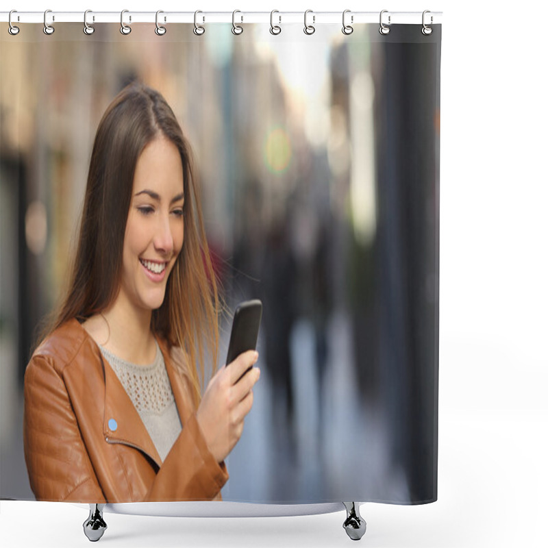 Personality  Happy Woman Using A Smart Phone In The Street Shower Curtains