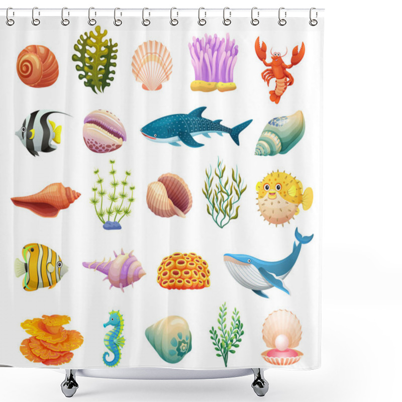 Personality  Set Of Sea Life Underwater Icons Cartoon Illustrations Shower Curtains