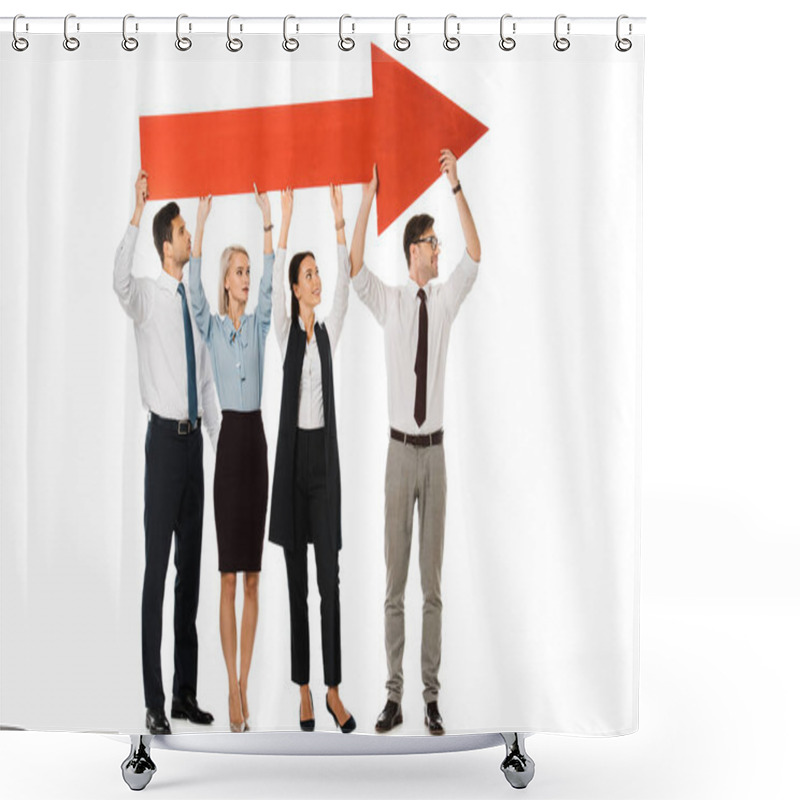 Personality  Young Businesspeople Holding Big Red Arrow Isolated On White  Shower Curtains