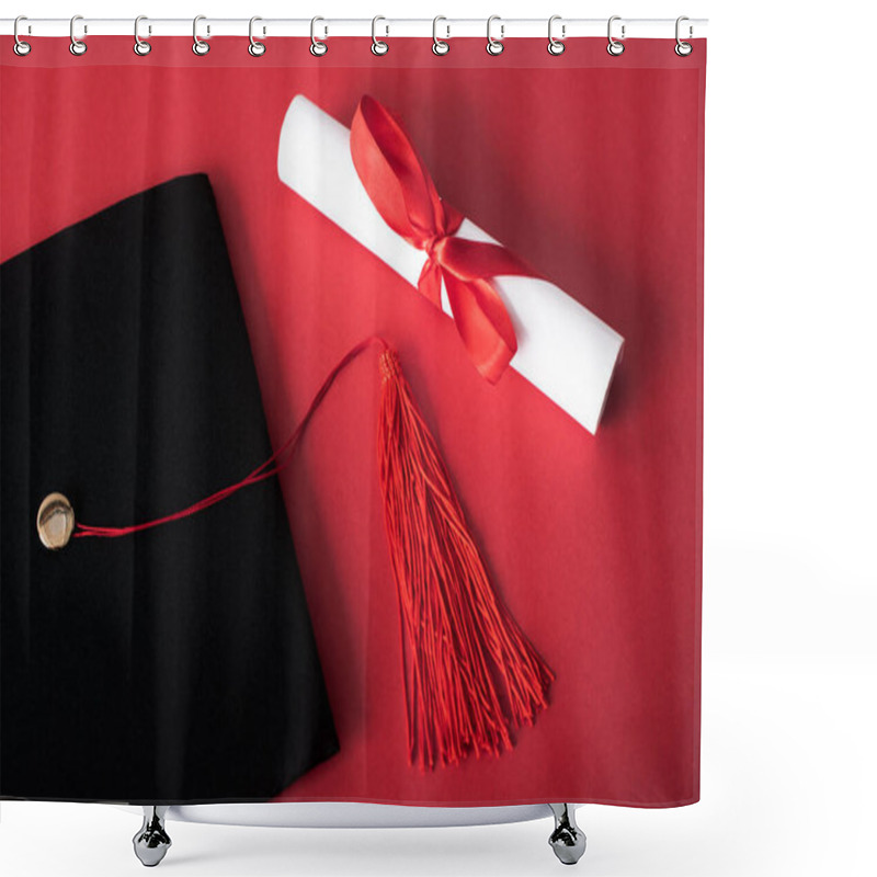 Personality  Top View Of Diploma With Beautiful Bow And Black Graduation Cap With Tassel On Red Background Shower Curtains