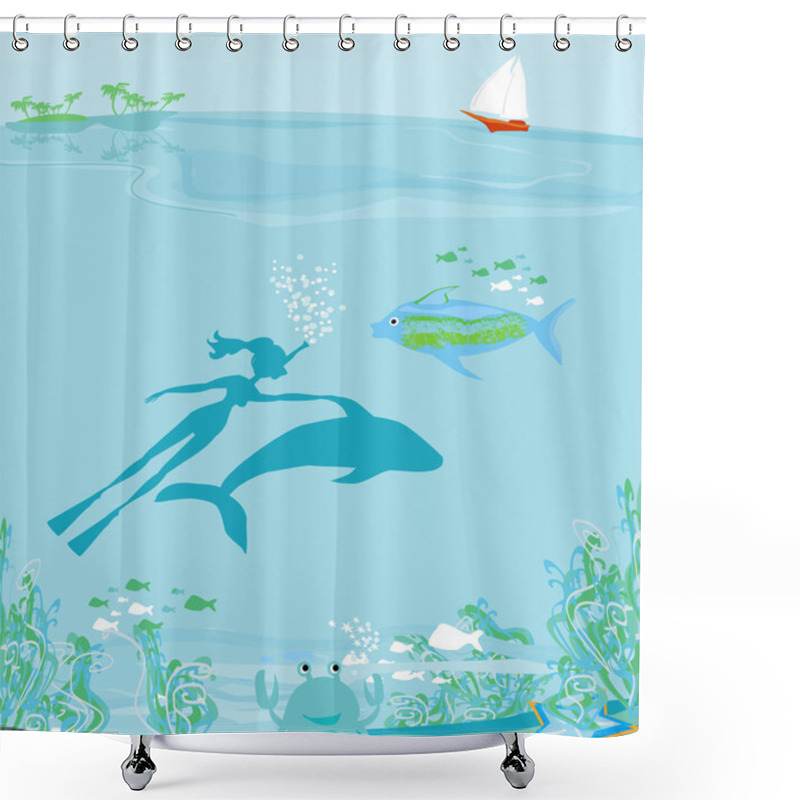 Personality  The Girl-diver Floats Together With A Dolphin Shower Curtains