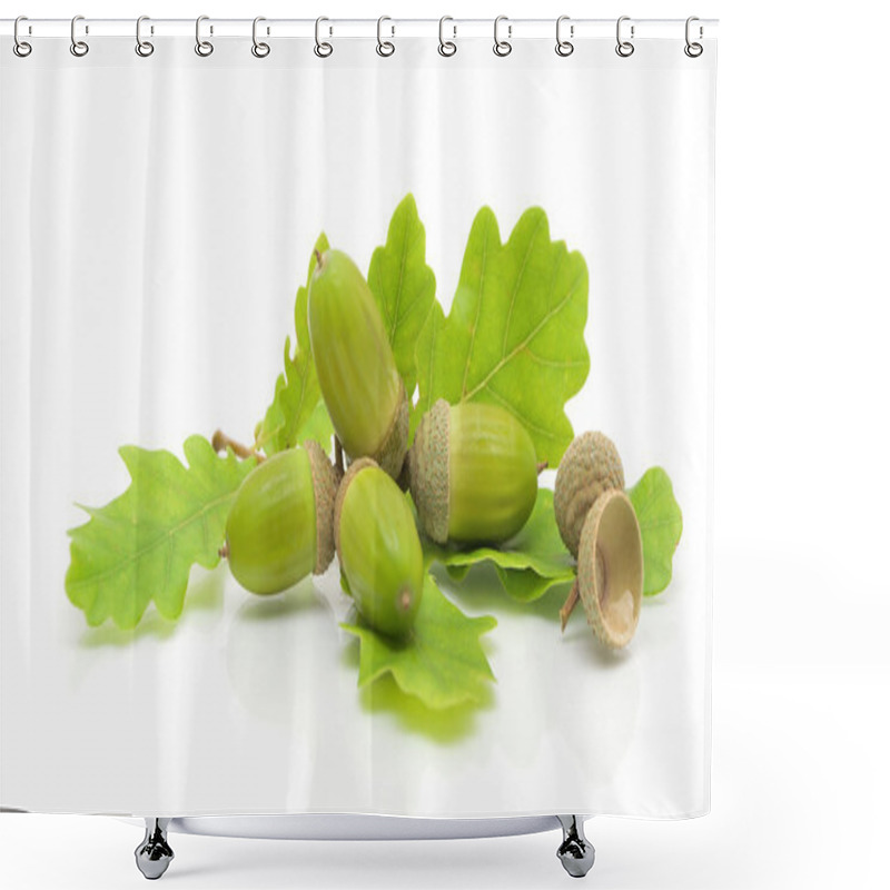 Personality  Green Acorns And Oak Leaves On A White Background Shower Curtains