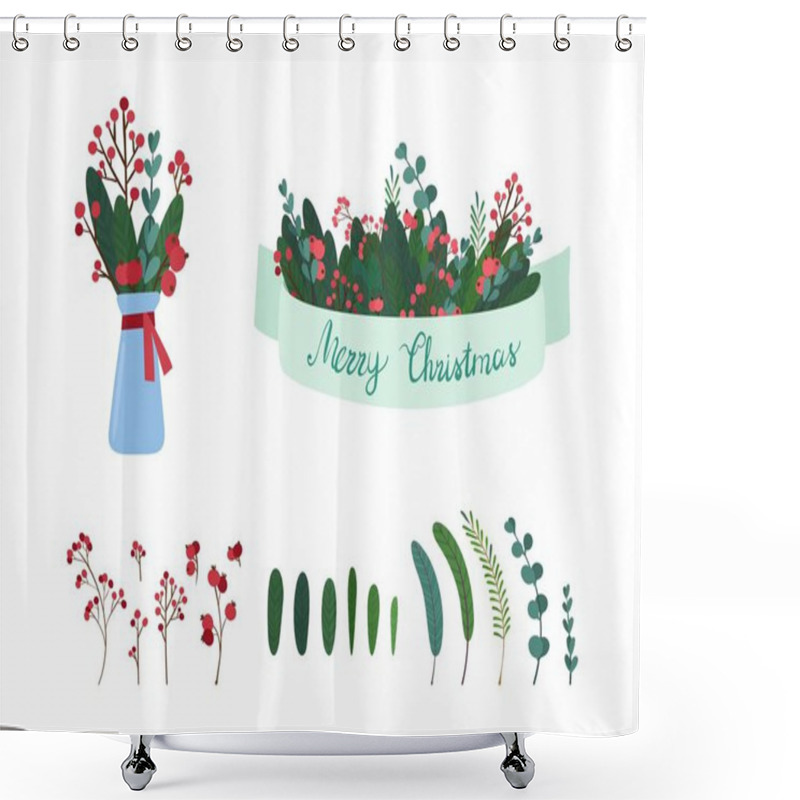 Personality  Mistletoe Tree Botanic Decor Elements Illustrations Set Shower Curtains