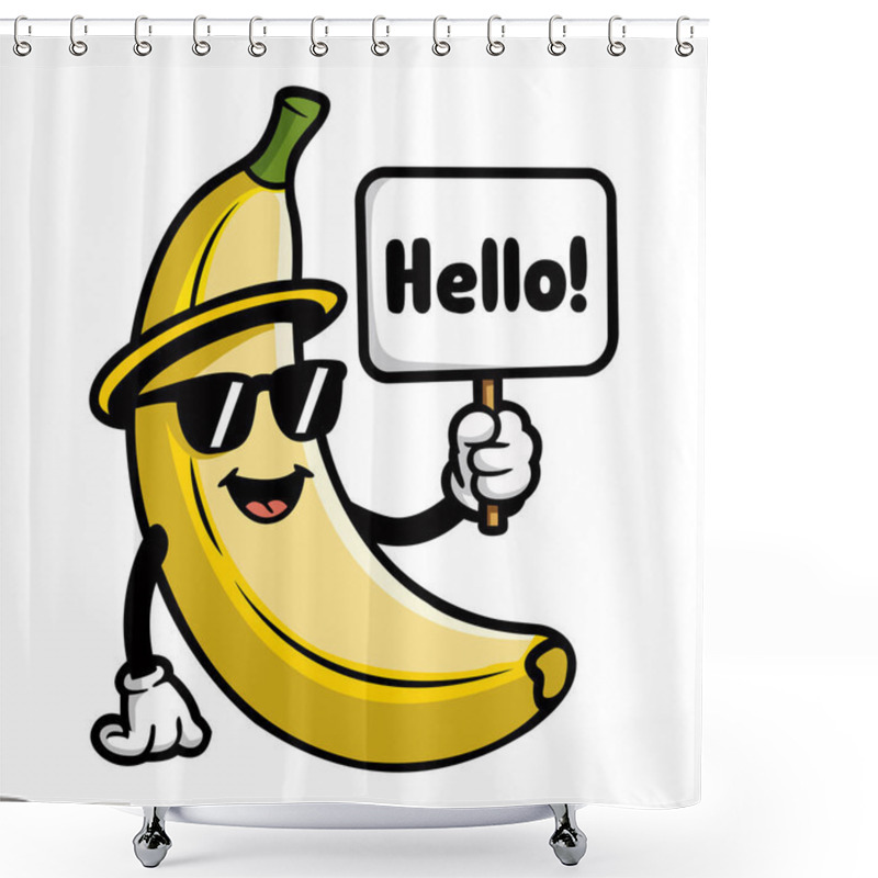 Personality  Cartoon Banana With Glasses Holding Hello Text Design Shower Curtains