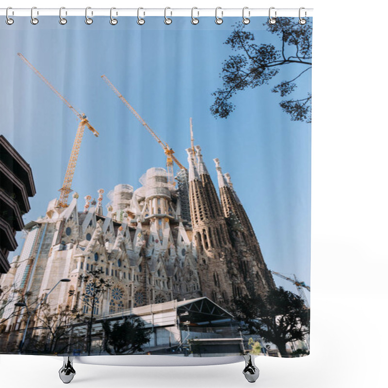 Personality  BARCELONA, SPAIN - DECEMBER 28, 2018: Selective Focus Of Temple Expiatori De La Sagrada Familia, One Of The Most Famous Buildings Of Barcelona, Built By Antoni Gaudi, On Blue Sky Background Shower Curtains