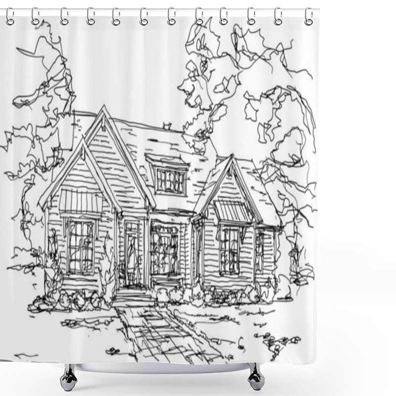 Personality  Hand Drawn Architectural Sketch Of Beautiful Classic Detached Village House With Garden  And Trees Shower Curtains