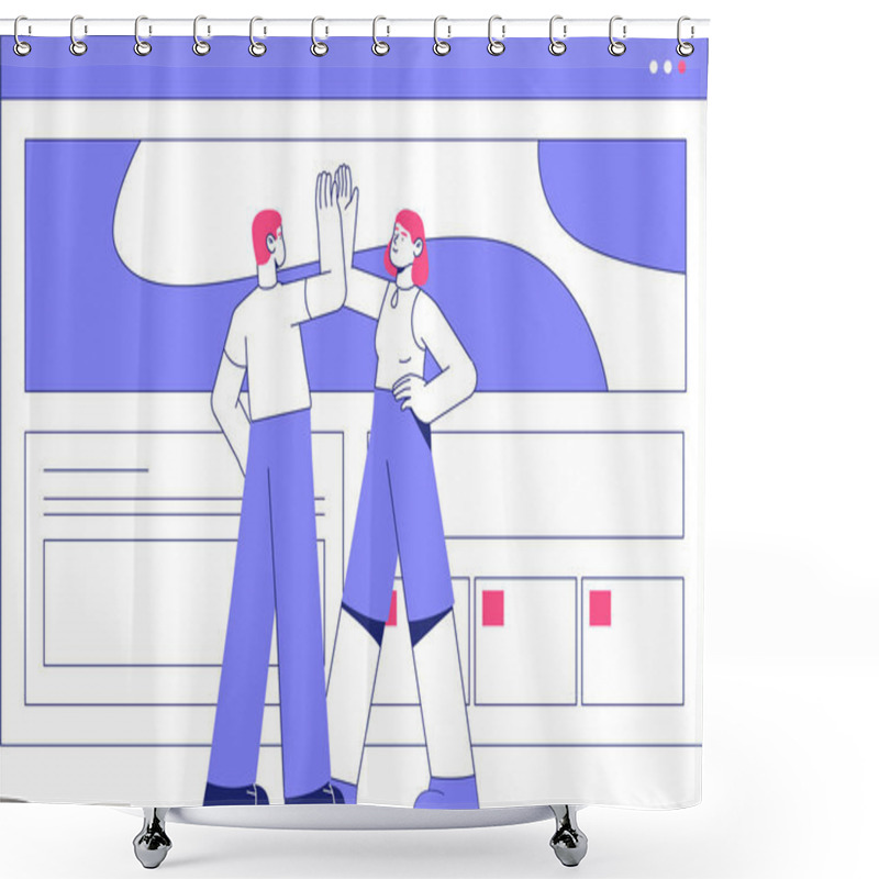 Personality  Male And Female Designers High Fiving In Front Of A Website Interface, Representing Teamwork, Collaboration, And Creative Success In Design Projects. Shower Curtains