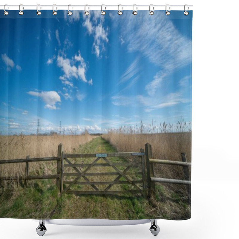 Personality  A Beautiful Shot Of A Path In The Wild Field Isolated By A Wooden Fence Under The Bright Blue Sky Shower Curtains