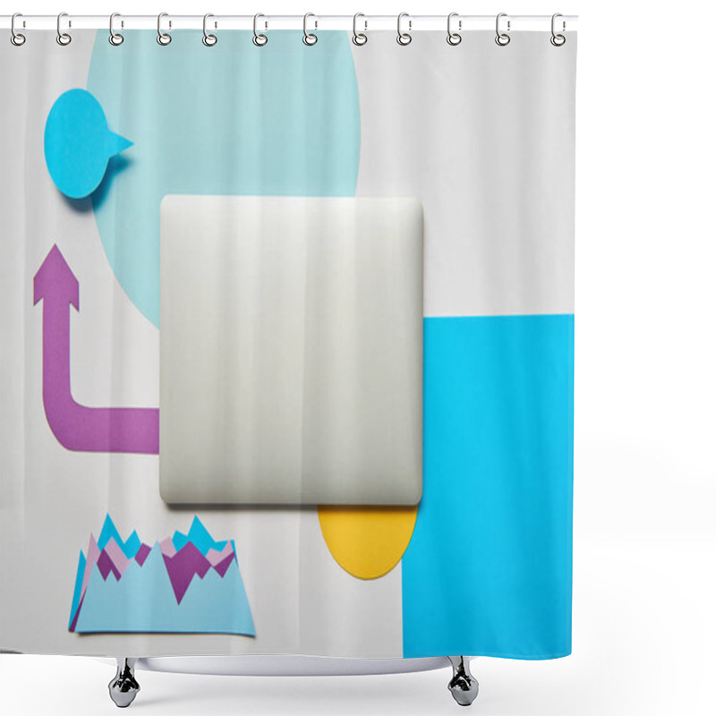 Personality  Top View Of Closed Laptop With Paper Graphs, Pointer On White Background Shower Curtains