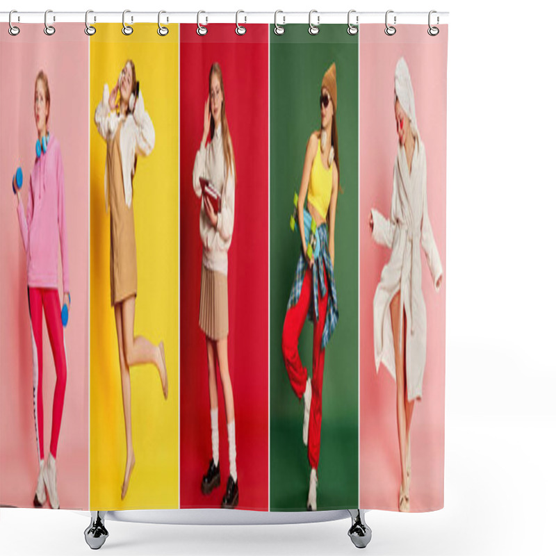 Personality  Happiness, Calm, Dreaminess. Collage Made Of Portraits Of Emotional Young Girl In Different Fashion Style Clothes Over Colored Backgrounds. Concept Of Happiness, Positive Emotions, Education, Sport Shower Curtains