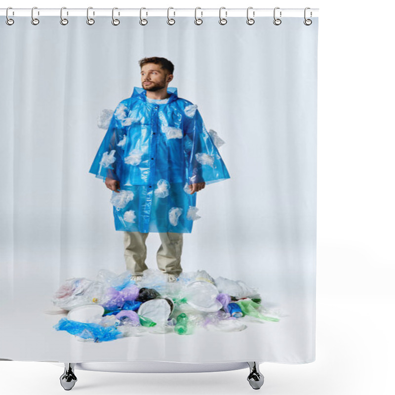 Personality  A Man Wearing A Blue Plastic Poncho Stands On A Large Pile Of Plastic Waste. Shower Curtains