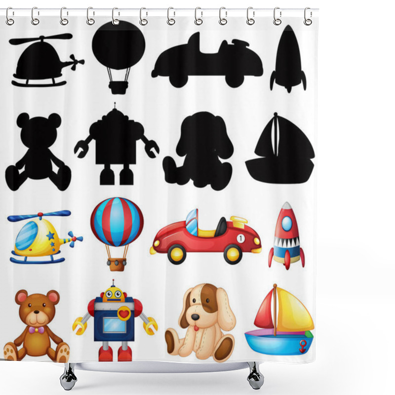 Personality  Cute Toys And Silhouette On White Background Shower Curtains