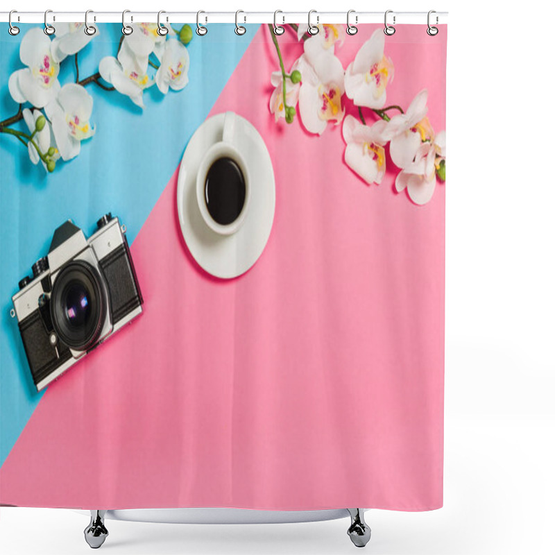 Personality  Flat Lay Photo Of A Creative Freelancer Woman Workspace Desk With Copy Space Background. Shower Curtains