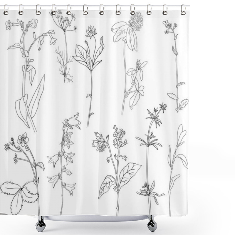 Personality  Set Of Line Drawing Herbs Shower Curtains