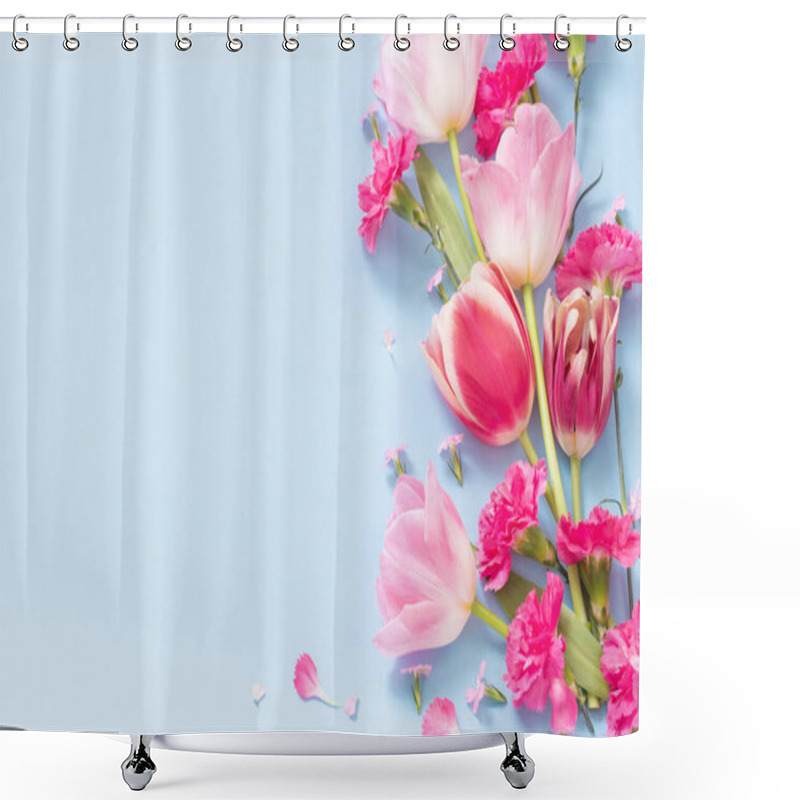 Personality  Beautiful Spring Flowers On Blue  Background Shower Curtains