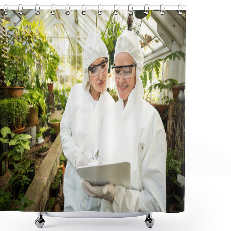 Personality  Scientists In Clean Suit Looking At Clipboard Shower Curtains