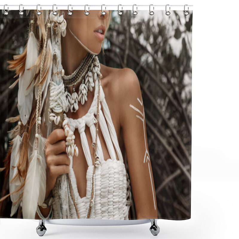 Personality  Attractive Wild Boho Woman Close Up Portrait Shower Curtains