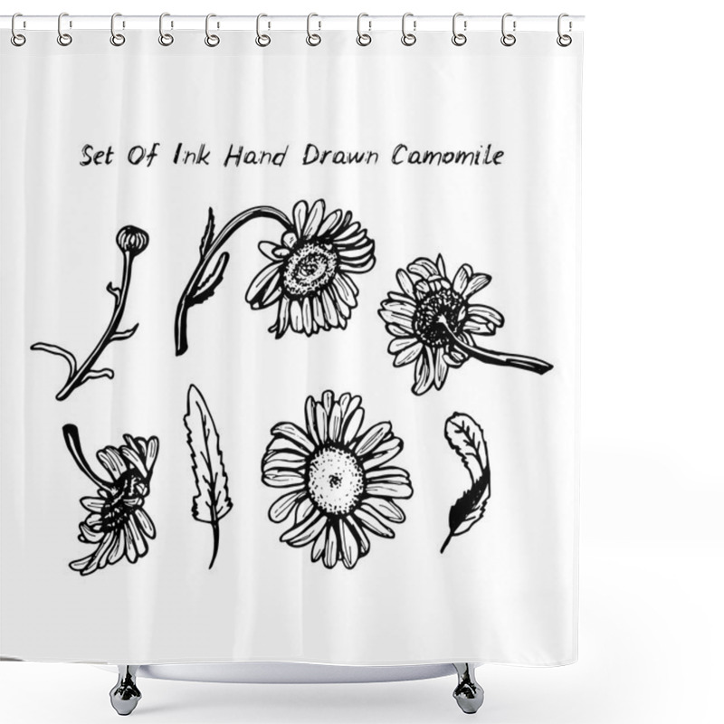 Personality  Drawing Black Ink - Daisies Set Of Flowers Leaves Branches On White Background. Vector Shower Curtains