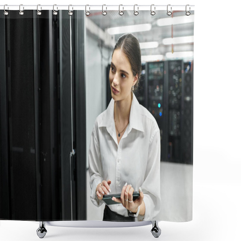 Personality  A Woman In A White Shirt Diligently Works On Server Maintenance In A High-tech Facility. Shower Curtains