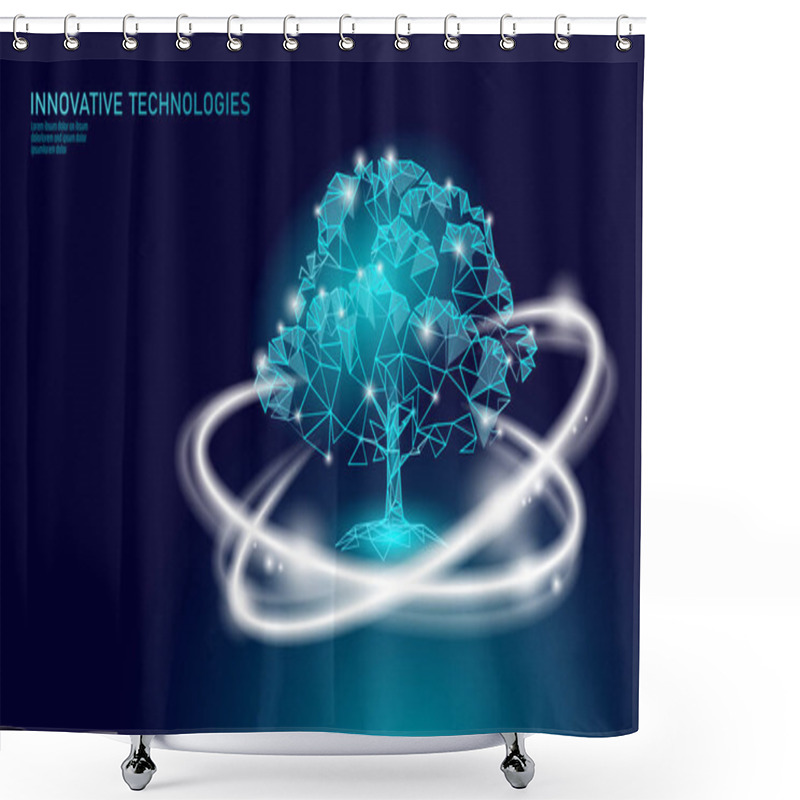 Personality  Glowing Plant Tree Ecological Abstract Concept. 3D Render Planting Soil Seedling Leaves. Save Planet Nature Environment Grow Life. Eco Polygon Triangles Low Poly Vector Illustration Shower Curtains