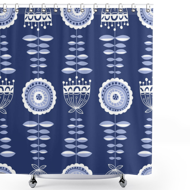 Personality  Folk White Flowers On Dark Blue Background Vector Seamless Pattern. Delft Florals. Hand-drawn Doodle Monochrome Flora. Shower Curtains