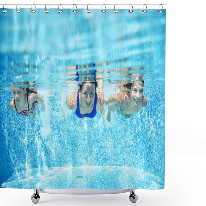 Personality  Family Swims In Pool Underwater, Happy Active Mother And Children Have Fun Under Water, Fitness And Sport With Kids On Summer Vacation On Resort Shower Curtains