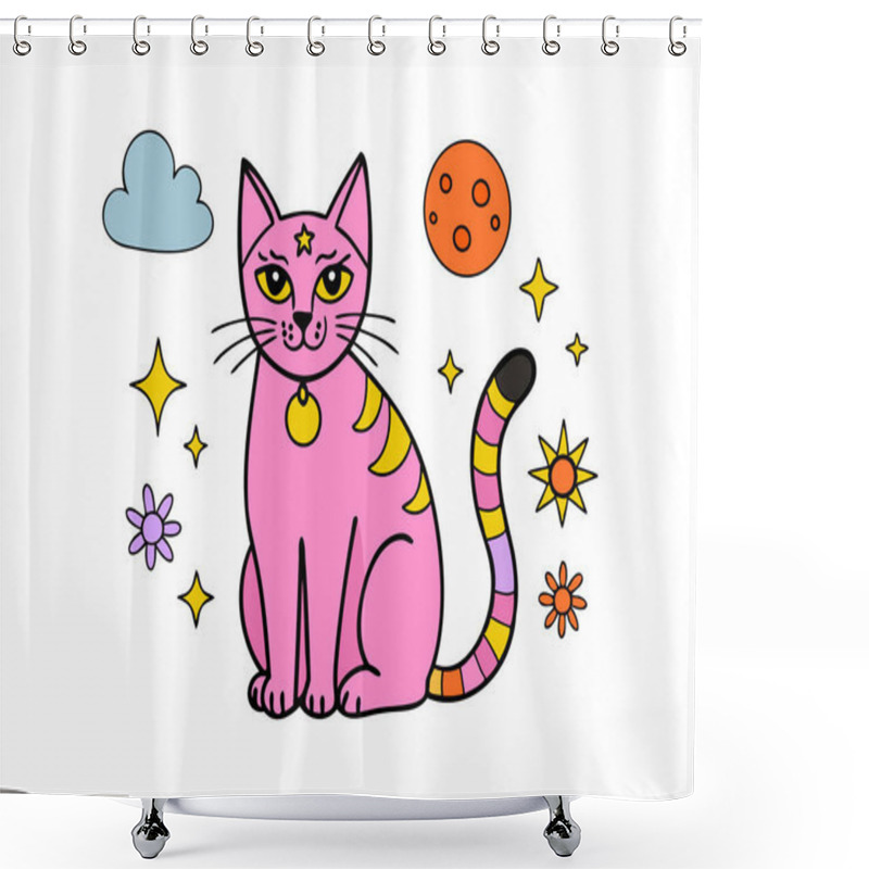 Personality  Whimsical Pink Cosmic Cat Illustration With Stars And Planets Shower Curtains