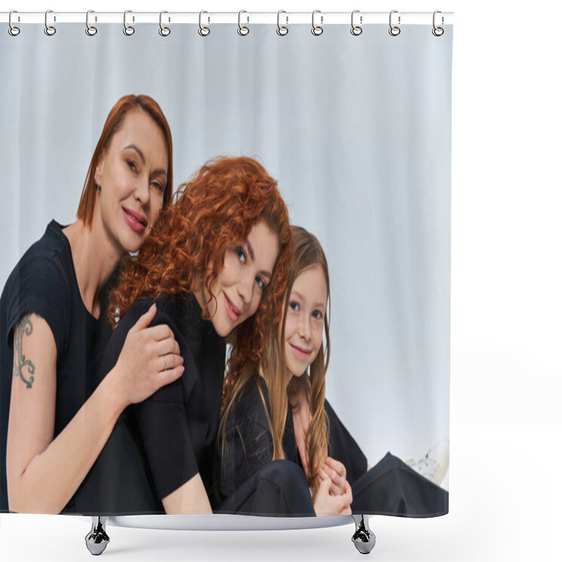 Personality  Three Generations Concept, Cheerful Redhead Family Smiling And Looking At Camera On Grey Backdrop Shower Curtains