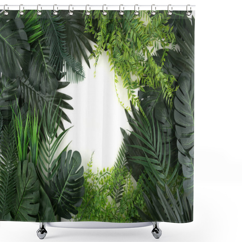 Personality  Frame Of Artificial Tropical Leaves Isolated On White Background. Plastic Realistic Plants With Copy Space. Shower Curtains