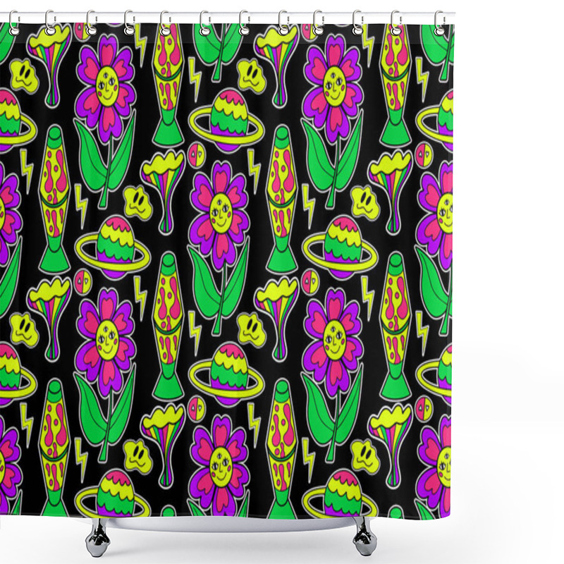 Personality  Psychedelic Neon Trip Seamless Pattern. Retro 70s Groovy Repeating Texture. Cartoon Funky Flowers, Rainbow, Acid Hippy Style Background. Vector Illustration Shower Curtains