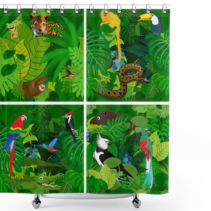 Personality  Seamless Vector Rainforest Jungle Background With Kids Animals Shower Curtains