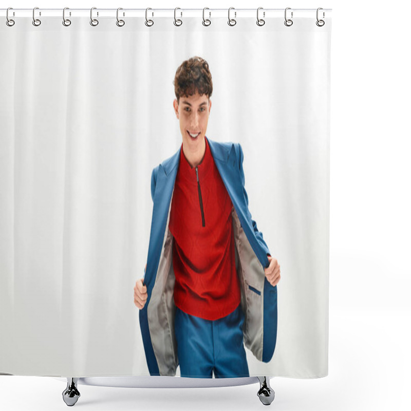 Personality  Handsome Man Dressed In A Vivid Suit Smiles While Opening His Jacket, Exuding Charm And Style. Shower Curtains