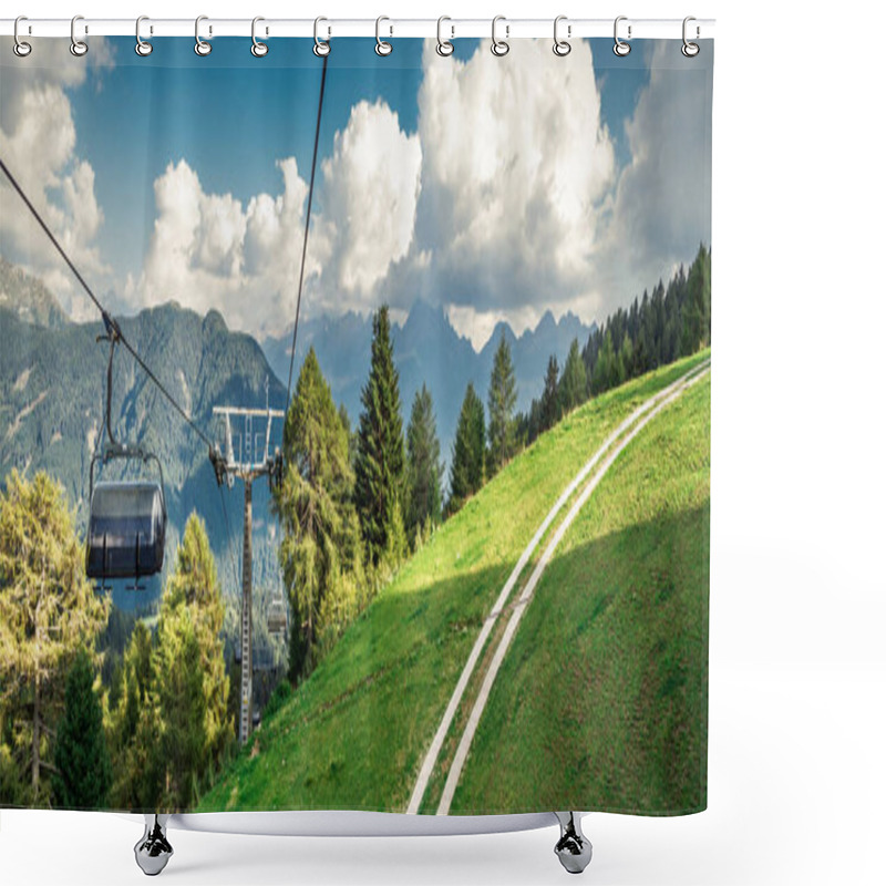 Personality  Gondola Ski Lift In Mountain Ski Resort, Green Forest. Alps. Italy Shower Curtains