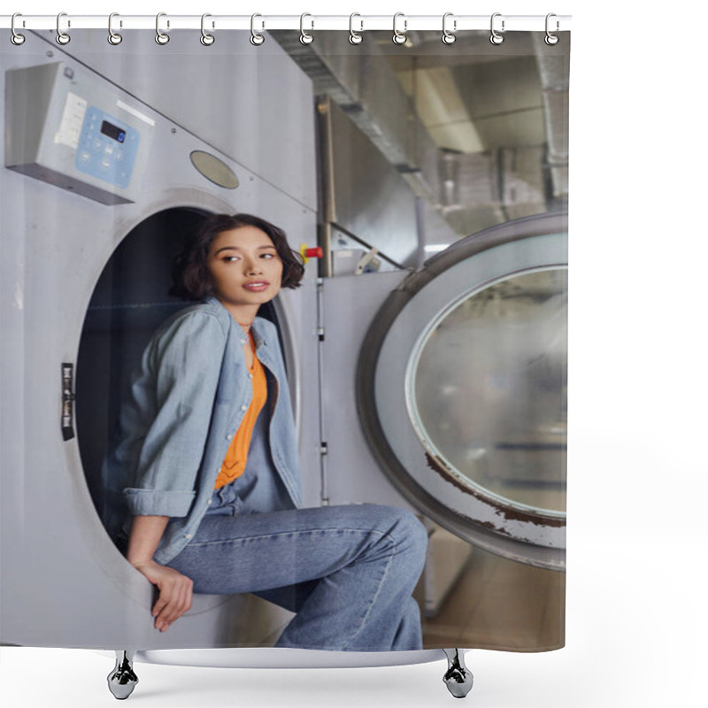 Personality  Young Brunette Asian Woman Sitting On Washing Machine In Public Laundry Shower Curtains