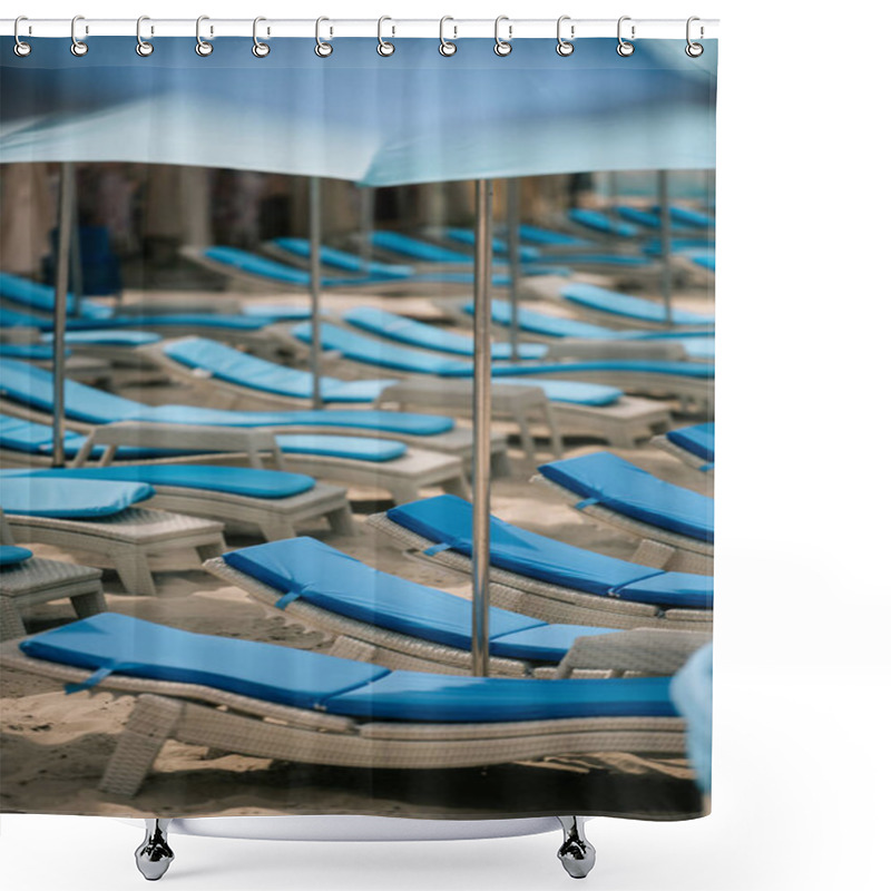 Personality  Empty Chaise Lounges And Umbrellas At Beach Shower Curtains