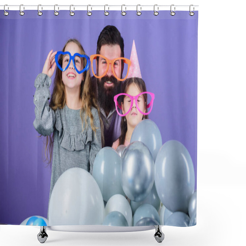 Personality  Father With Two Daughters Having Fun. Fatherhood Concept. Friendly Family Wear Funny Party Accessories. Best Dad Ever. Fathers Day. Daughters Need Father Actively Interested In Life. Birthday Party Shower Curtains