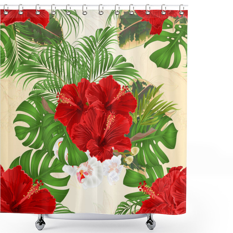 Personality  Seamless Texture Bouquet With Tropical Flowers  Floral Arrangement, With Beautiful Red Hibiscus And Orchid Palm,philodendron And Ficus Vintage Vector Illustration  Editable  Shower Curtains