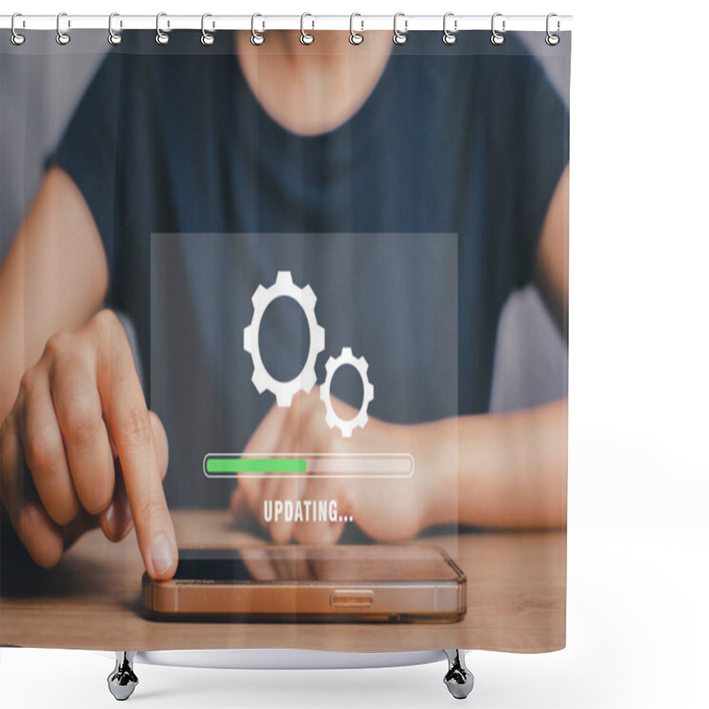 Personality  Update Progress Concept, Person Waiting For Installing Update Process With Loading Bar Icon On Virtual Screen On Smart Phone. Shower Curtains