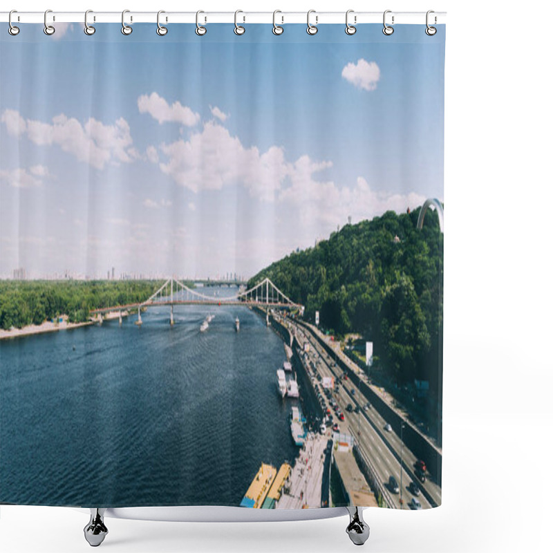 Personality  Kiev. Ukraine. June 18, 2017. The River Station. Aerial View Of The Pedestrian Bridge. Dnieper. Kyiv. Shower Curtains