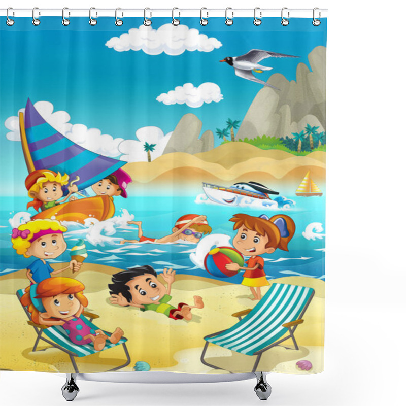 Personality  The Kids Playing At The Beach, Diving, Building In Sand Shower Curtains