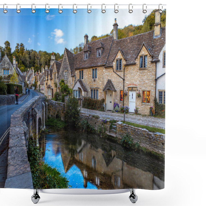 Personality  View Of Castle Combe, A Village And Civil Parish Within The Cotswolds Area Of Natural Beauty In Wiltshire, England Shower Curtains