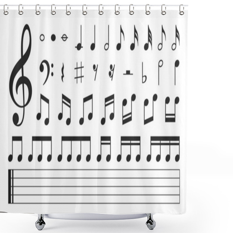 Personality  Set Of Musical Notes. Black Musical Note Icons. Music Elements. Treble Clef. Vector Illustration. Shower Curtains