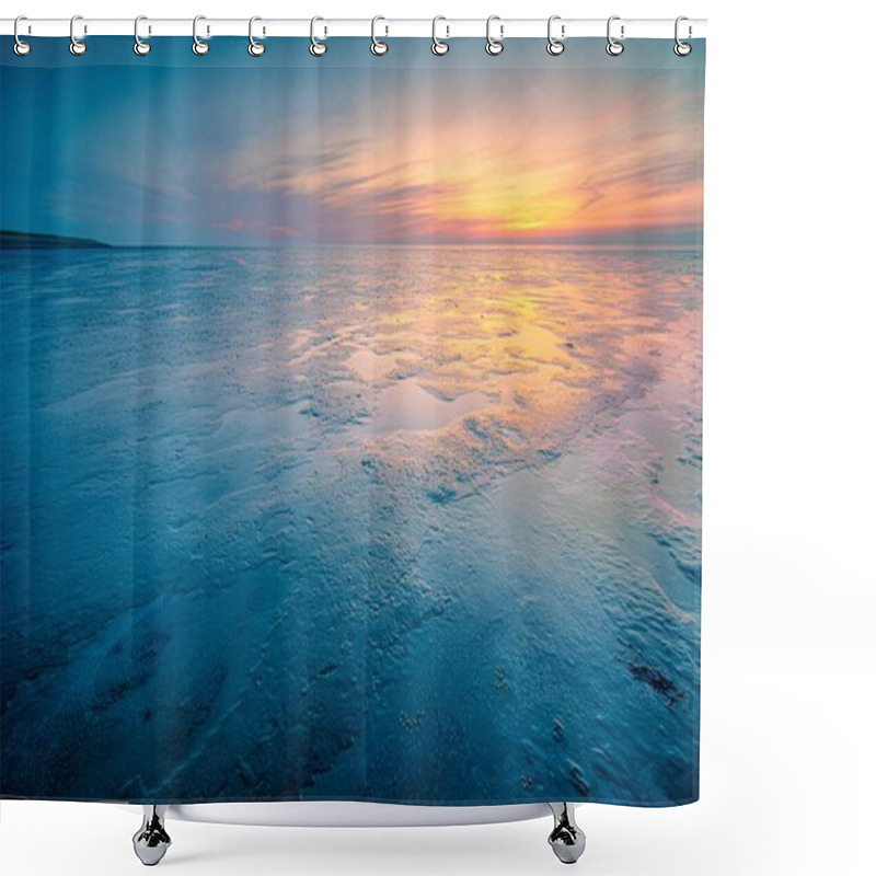 Personality  An Amazing Shot Of A Seascape During A Cold Weather On Sunset Background Shower Curtains