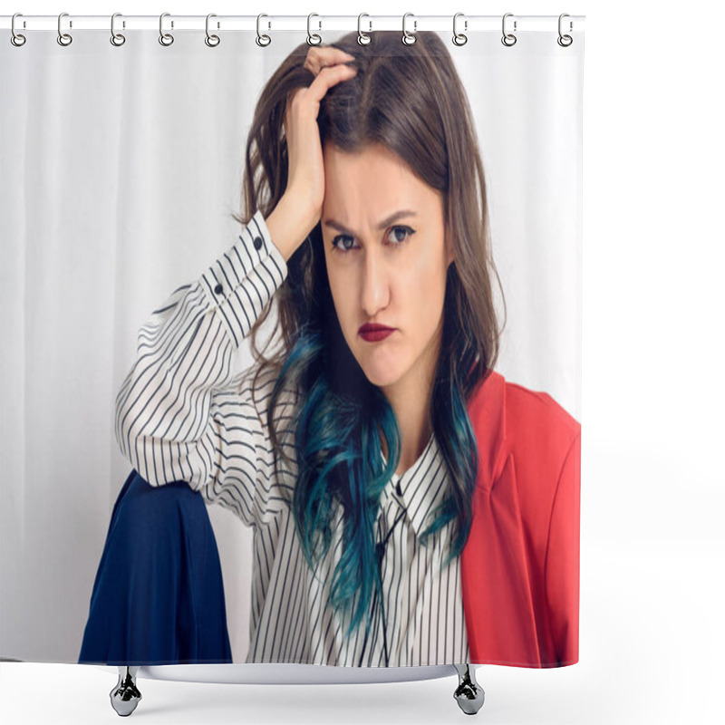 Personality  Dissatisfied Young Girl Sitting On White Wall Background Shower Curtains