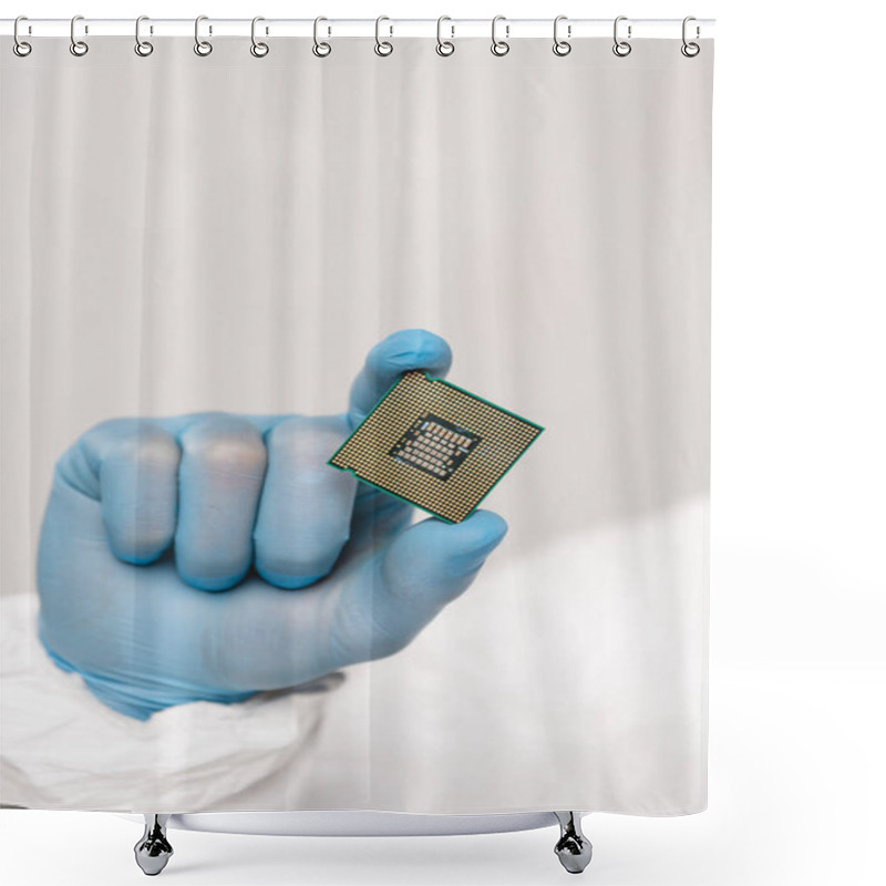 Personality  Cropped View Of Microchip In Hand Of Scientist Isolated On Grey  Shower Curtains