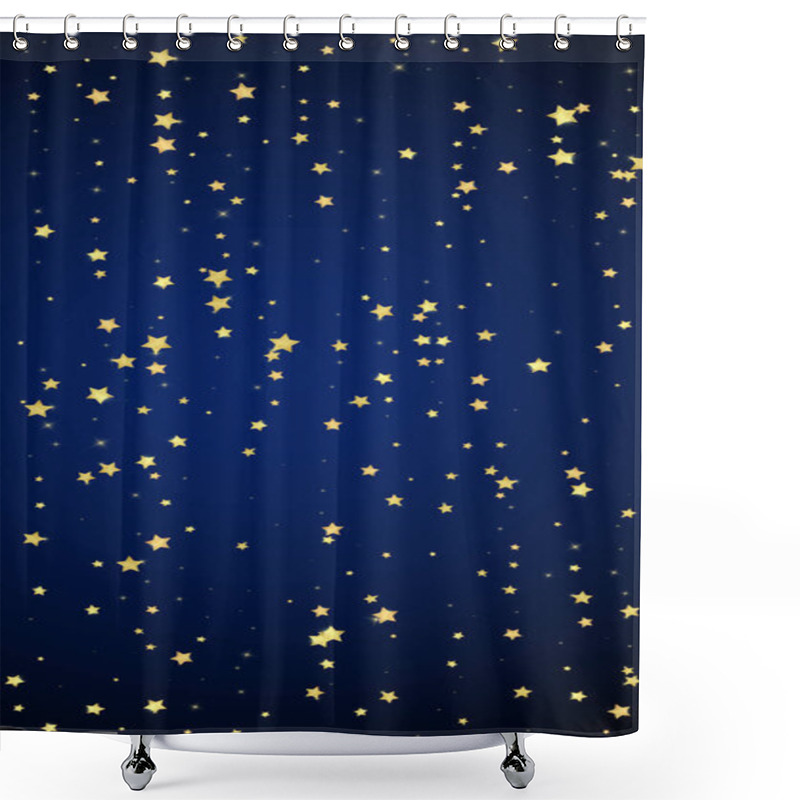 Personality  Magic Stars Vector Overlay.  Gold Stars Scattered Around Randomly, Falling Down, Floating.  Chaotic Dreamy Childish Overlay Template. Magical Cartoon Night Sky On Dark Blue Background. Shower Curtains