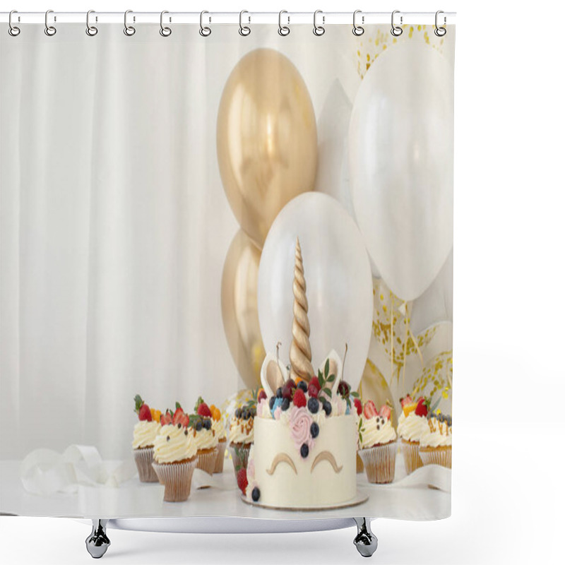 Personality  Close Up Of Little Girls Birthday Party Table With Unicorn Cake Shower Curtains