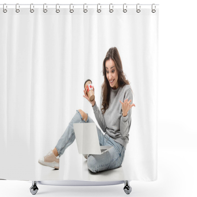 Personality  Surprised Woman Using Laptop And Holding Coffee Cup With Canadian Flag Sticker Isolated On White Shower Curtains