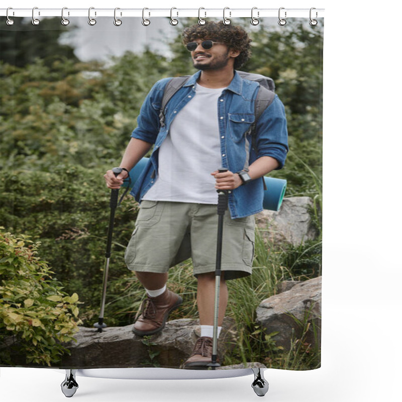 Personality  Happy Indian Hiker In Sunglasses Holding Hiking Sticks And Walking With Backpack During Trekking Shower Curtains